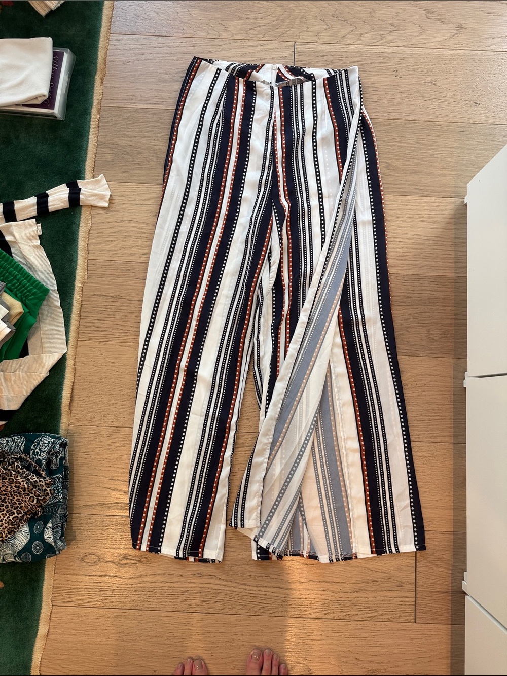 Striped Wide-Leg Wrap Pants - Navy & White